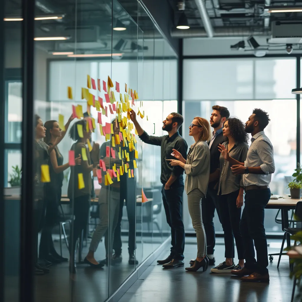 Equipo de consultores colaborando en una sesión de brainstorming
