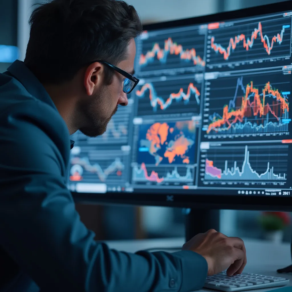 Consultor analizando datos complejos en un monitor